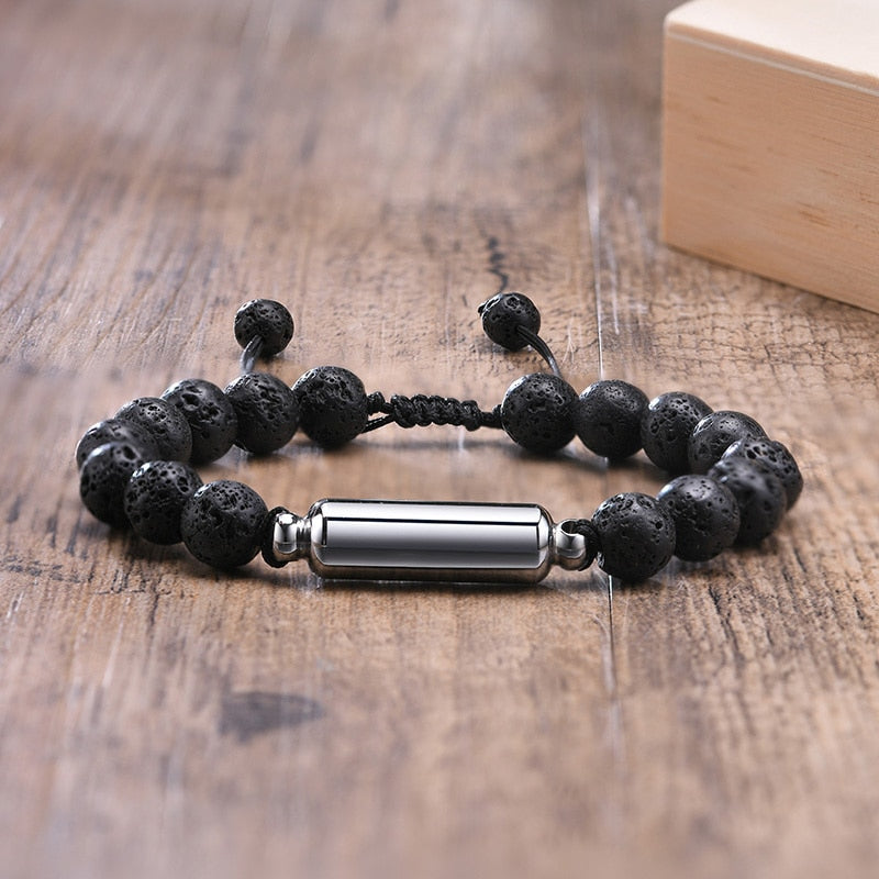 Lava Stone Beads Urn Bracelets for Ashes, Hollow Tube Cremation Keepsake, Memorial Jewelry - Ash Urn & Sea 